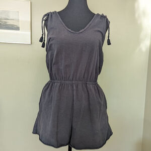 Aerie Black Ruched Romper with Tassel Ties